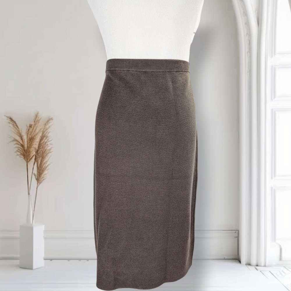 Eileen Fisher Silk Knit Pencil Skirt M Taupe Elastic Waist Midi
